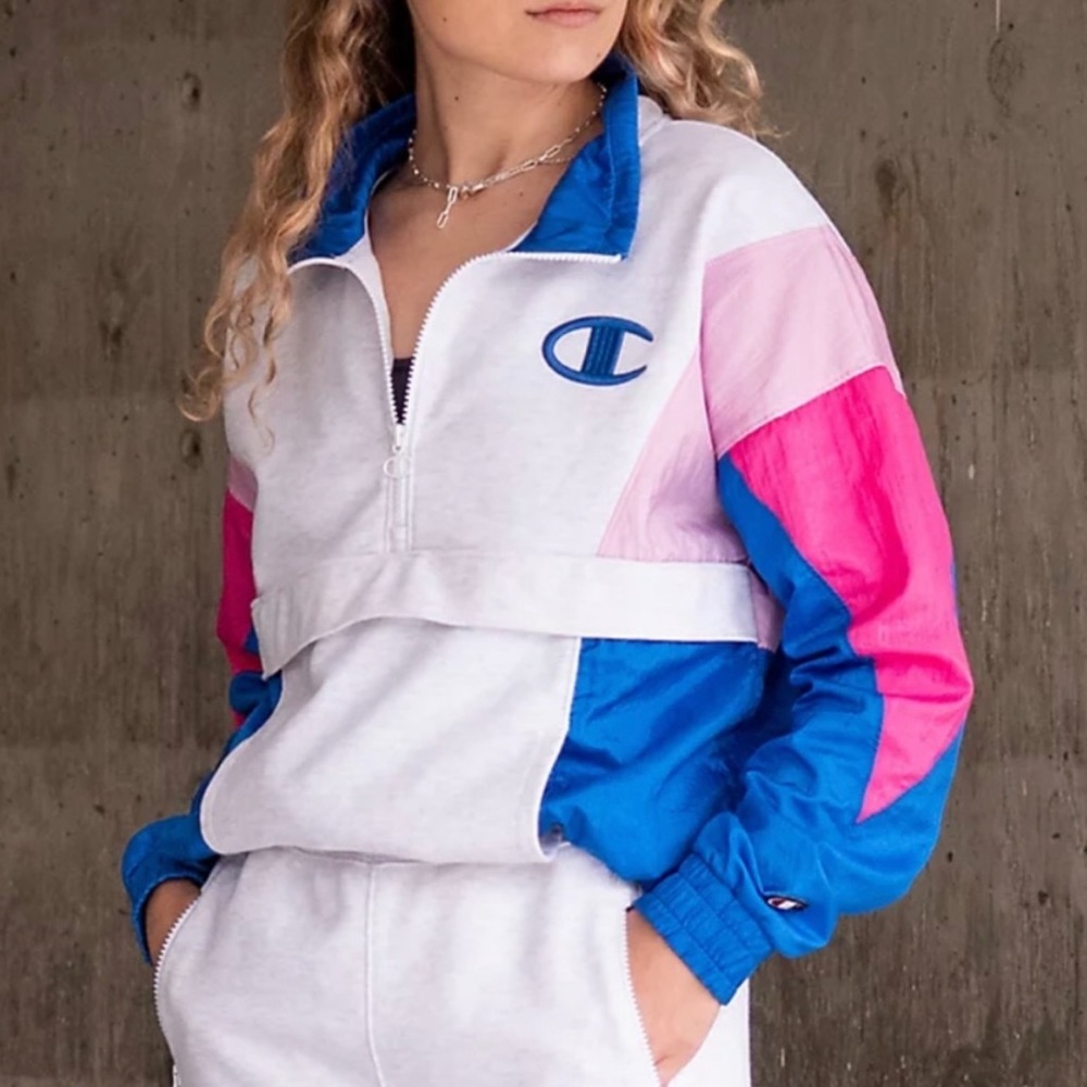 Champion Mixed Media Pullover Size Medium Blue Pink